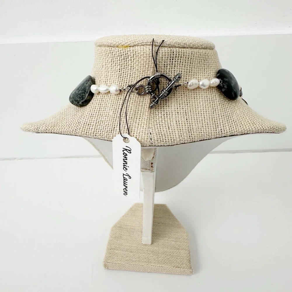 NWT Genuine Jasper, Black Onyx & Pearl Beaded Necklace Green Black White